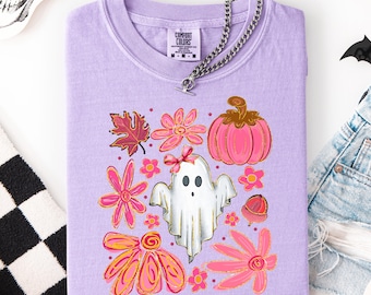 Comfort Colors® Halloween Cute Ghost Shirt, Pink Floral Ghost Shirt, Cute Fall Shirt, Girly Spooky Season Tee, Pink Bow Ghost Shirt
