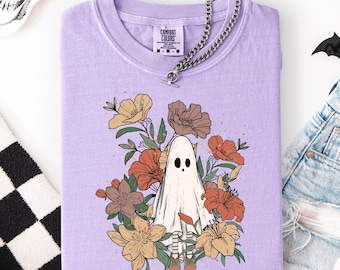 Comfort Colors Halloween Ghost T-Shirt, Floral Wildflowers, Spooky Fall Tee