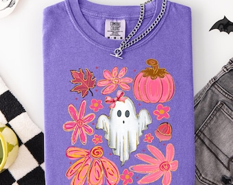 Halloween Ghost Comfort Colors Shirt, Pink Floral Spooky Tee