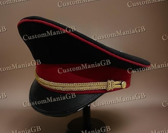 Red and Black Peak Visor Officer Cap, Festival Uniform Parade Salute Hat Army-Style Cosplay Costume Theatre Cap for Drama Play and Events