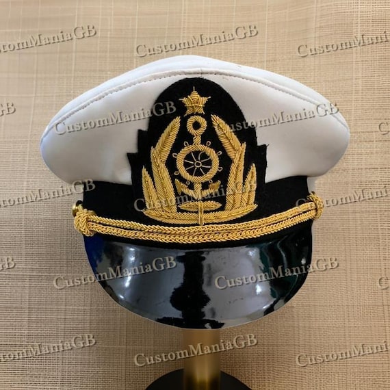 White Leather Captain Ship Yacht Admiral Commander Skipper Hat