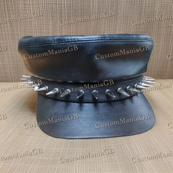 Black Punk Rock Skull Spike Cap Leather Army Muir Biker Peaked