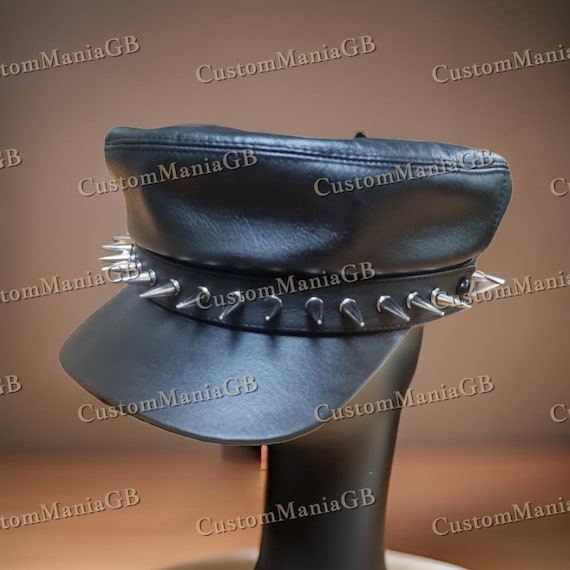 Black Punk Rock Skull Spike Cap Leather Army Muir Biker 