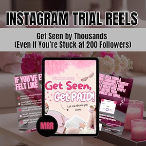 Może przedstawiać: Różowo-biały tablet cyfrowy wyświetlający grafikę z tekstem "Get Seen, Get Paid!" i "Trial Reels Mastery". Grafika przedstawia kobietę w okularach przeciwsłonecznych i różowym stroju. Tekst "Let me show you how!" jest również widoczny na grafice.