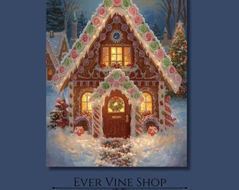 May include: A detailed painting of a gingerbread house with candy decorations, lit windows, and a wreath on the door. The house is set in a snowy winter scene with trees in the background. The text "EVER VINE SHOP" and "Printable / Digital Download" are at the bottom.