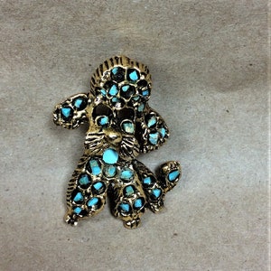 Vintage Mid Century Poodle Dog Brooch Antiqued Gold Tone Finish with Real Turquoise Chips Set in the Metal Sweet Happy Little Dog image 1