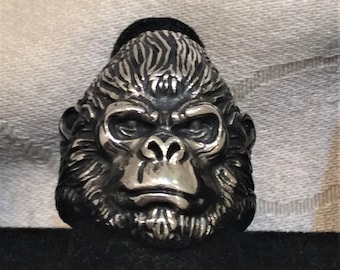 Vintage Gorilla Head Statement Ring Detailed Oxidized Silver Tone Gorilla Head Ring Men's Size 10