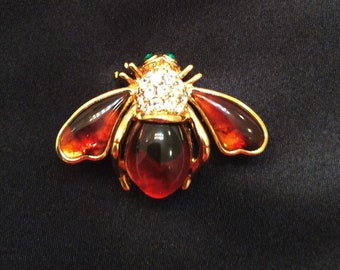 Vintage Joan Rivers Faux Tortoise Shell Bee Brooch Bright Gold Tone Setting Sparkling Clear & Green Rhinestones