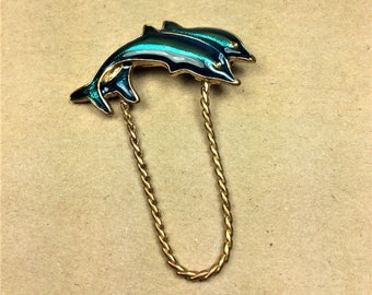 Vintage Leaping Pair of Enameled Dolphins Brooch with Gold Tone Serpentine Chain Blue Green Enamel on Gold Tone Setting