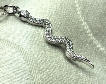 Vintage Small Clear Rhinestone Snake Pendant Necklace Silver Tone Snake Red Rhinestone Eyes 18" Flat Snake Chain Slithering Snake