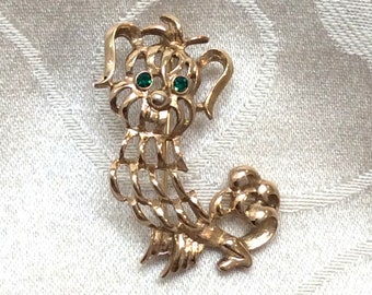 Vintage AVON Yorkie Dog Brooch/Pin Gold Tone Open Work Design Green Rhinestone Eyes Bright & Shiny Finish!