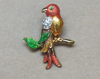 Tropical Bird Enamel And Rhinestone Lapel Pin Sparkling and Sweet