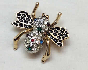 Vintage Bee Brooch Pave Set Rhinestones Black Enamel Detailed Wings Bright and Shiny Busy Bee Brooch/Pin