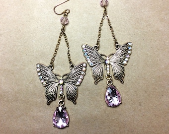 Vintage Gold Tone Butterfly Chain Dangle Earrings AB Rhinestone Details and Large Faceted Pink Teardrop Rhinestone Striking & Impressive