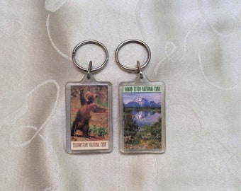 Collectible Vintage National Parks Keychains Yellowstone National Park Waving Bear/Grand Teton Mountains Reflected in Lake Plastic Keychains