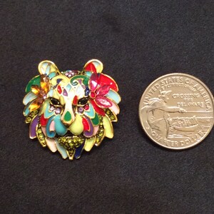 Vintage Enamel & Rhinestone Lion's Head Brooch Mardi Gras Inspired Colorful Unusual image 2