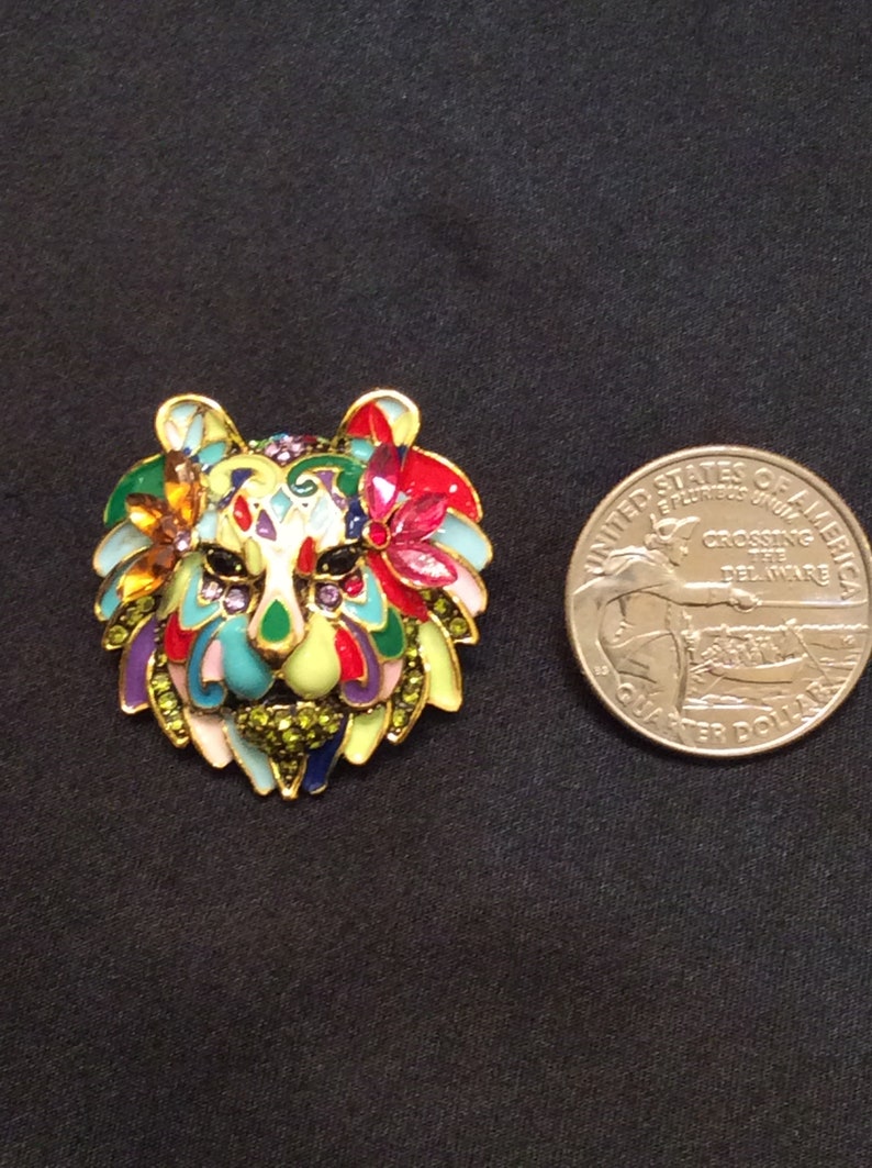 Vintage Enamel & Rhinestone Lion's Head Brooch Mardi Gras Inspired Colorful Unusual image 2