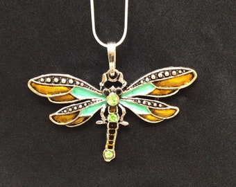 Enamel and Rhinestone Dragonfly Pendant Statement Necklace Enamel Colors of Turquoise and Sparkly Gold