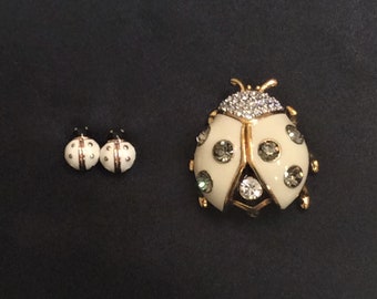 Vintage Joan Rivers Enamel Ladybug Brooch & Post Earrings Set