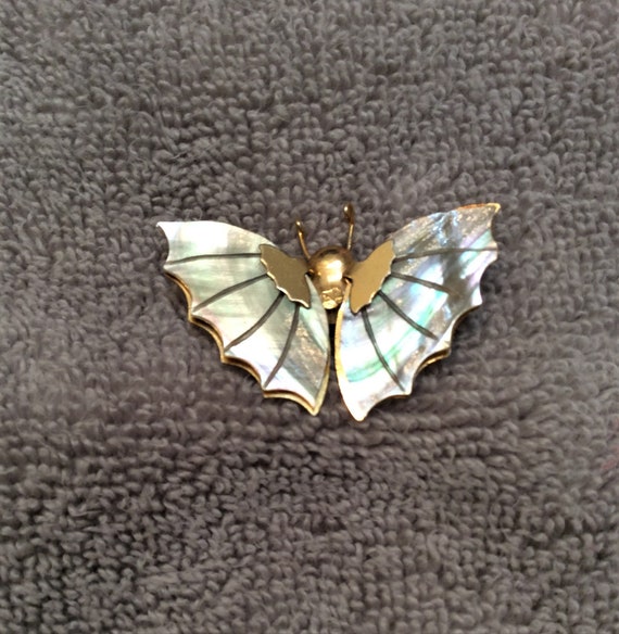 Vintage Gold Tone Butterfly Pin with Carved Mother