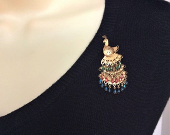 Vintage Filigree Peacock Pendant/Brooch Gold Tone Articulated Peacock Tiny Colorful Enamel Dangles