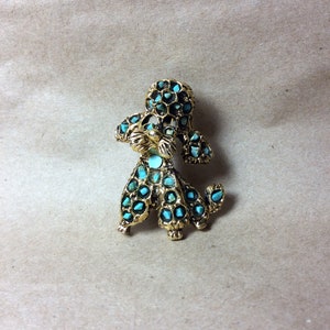 Vintage Mid Century Poodle Dog Brooch Antiqued Gold Tone Finish with Real Turquoise Chips Set in the Metal Sweet Happy Little Dog image 2