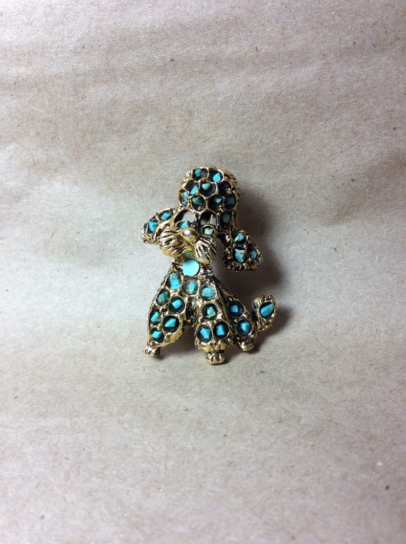 Vintage Mid Century Poodle Dog Brooch Antiqued Gold Tone Finish with Real Turquoise Chips Set in the Metal Sweet Happy Little Dog image 2