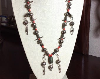 Antique Guatemalan 1900 Coin and Bead Necklace Coral Color Seed Beads with Large Polished Stone Center Bead Primitive Look