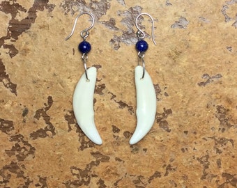 Vintage Coyote Teeth Earrings Blue Lapis Lazuli Beads & Sterling Silver Ear Wires Dangle Earrings