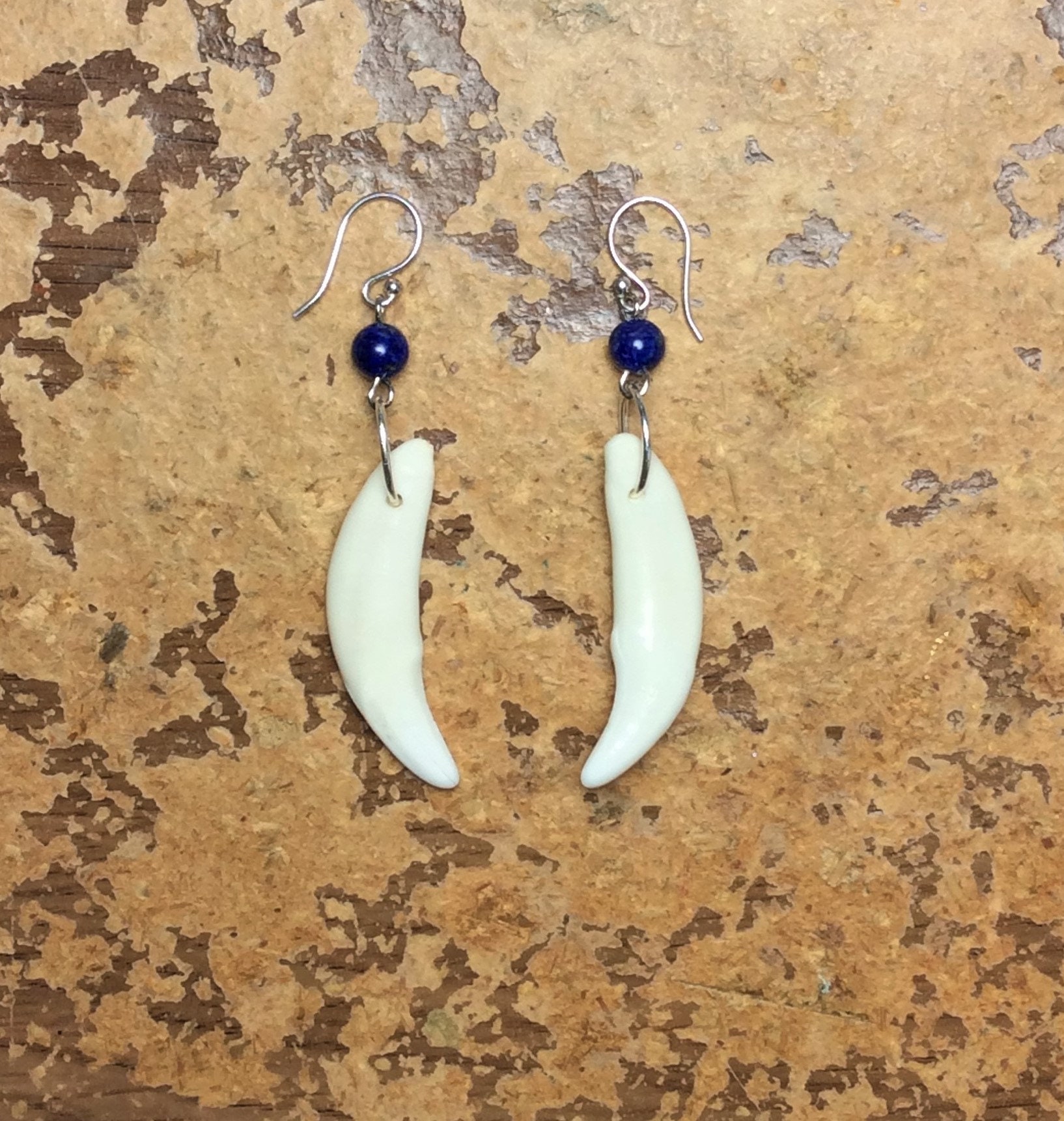 Vintage Coyote Teeth Earrings Blue Lapis Lazuli Beads Sterling