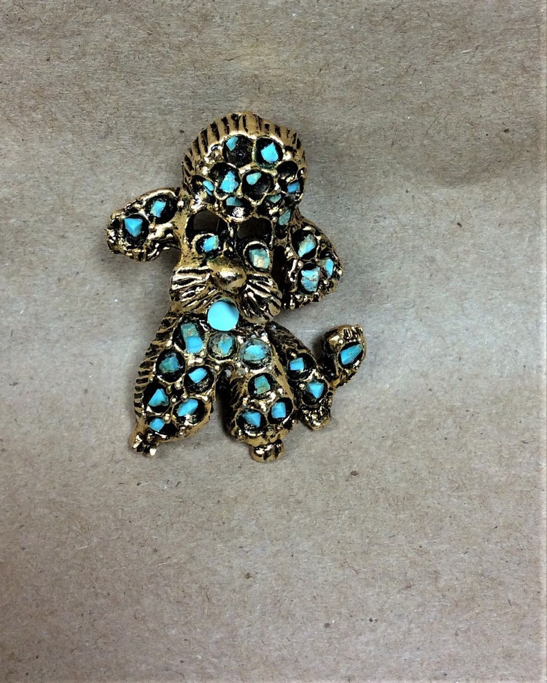 Vintage Mid Century Poodle Dog Brooch Antiqued Gold Tone Finish with Real Turquoise Chips Set in the Metal Sweet Happy Little Dog image 1