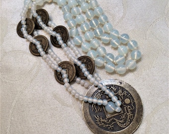 VTG Japanese Coin Necklace Dragon & Phoenix Translucent Moonglow Glass Beads 34" Long Continuous Strand Statement Necklace