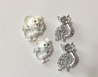 Vintage Kitty's and Mice Scatter Pins White Enamel Mice and Silver Tone Filigree Kitty Pins