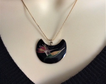 Vintage Bird Of Paradise Pendant Necklace Colorful Enamel Flower