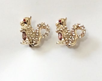 Vintage Squirrel Scatter Pins Gold Tone Shiny Finish Clear Rhinestones With Purple Navette Belly Red Rhinestone Eyes Fun 1960's Accessories!