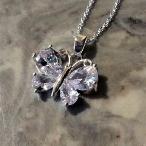 CZ Butterfly Pendant Necklace Sparkly Silverplate Cubic Zirconia Butterfly