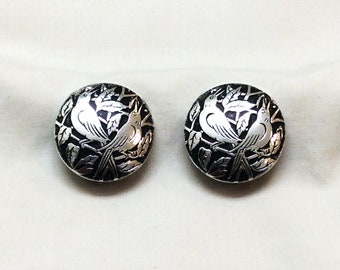 Vintage Mid Century MADE IN GERMANY Clip Earrings Cut Aluminum Birds In Foliage Pattern Unusual Hard To Find