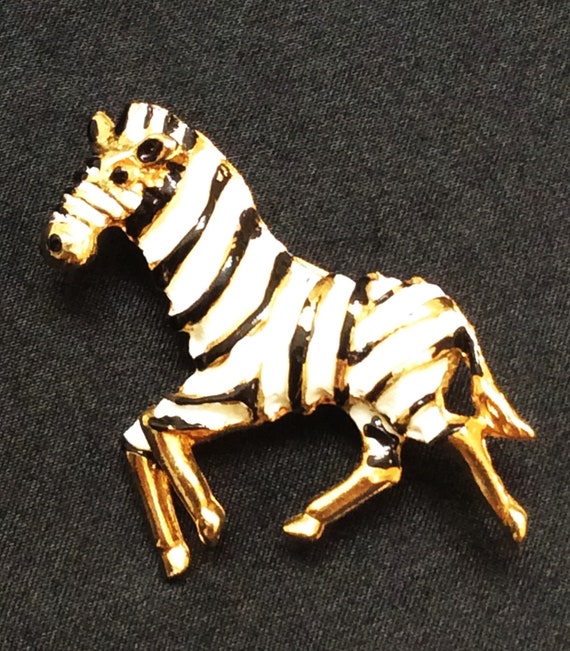 Vintage Enamel Zebra Brooch Prancing Gold Tone Ze… - image 2