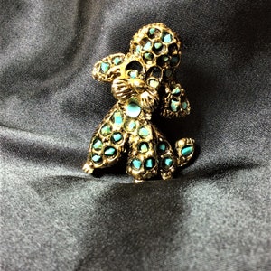 Vintage Mid Century Poodle Dog Brooch Antiqued Gold Tone Finish with Real Turquoise Chips Set in the Metal Sweet Happy Little Dog image 3