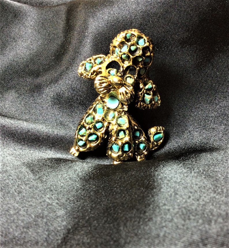 Vintage Mid Century Poodle Dog Brooch Antiqued Gold Tone Finish with Real Turquoise Chips Set in the Metal Sweet Happy Little Dog image 3