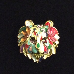 Vintage Enamel & Rhinestone Lion's Head Brooch Mardi Gras Inspired Colorful Unusual image 4