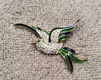 Vintage Enamel & Rhinestone Swallow Bird  Brooch Graceful and Flowing Bird with Blue and Green Enamel Details and Sparkling Rhinestones