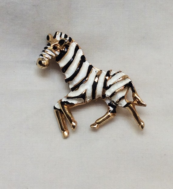Vintage Enamel Zebra Brooch Prancing Gold Tone Ze… - image 1