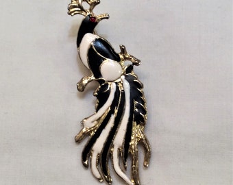 Vintage Bird of Paradise Brooch/Pin Flowing Black & White Enamel in Detailed Gold Tone Setting Beautiful and Unique