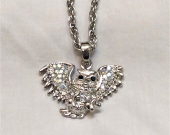 Vintage Open Wing Owl Pendant Necklace Silver Tone Owl Has AB Rhinestone Detailed Wings on Twisted Rope Silver Tone Link 20" Chain