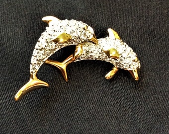Vintage Swarovski Signed leaping Dolphins Tie Tack Shiny Gold Tone Finish with Pave Set Clear Crystals
