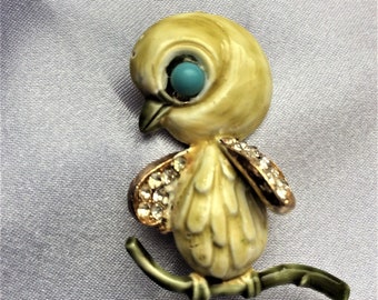 Vintage Signed HAR Enamel Chick on Branch Brooch Yellow and Green Enamel Bird with Rhinestone Wings and Faux Turquoise Eye