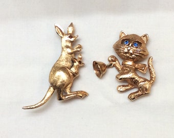 Vintage AVON Mama Kangaroo with Baby and Kitty with Bell Brooches Articulated Kangaroo Moves & Bell Kitty is Holding Moves Both Circa 1970's