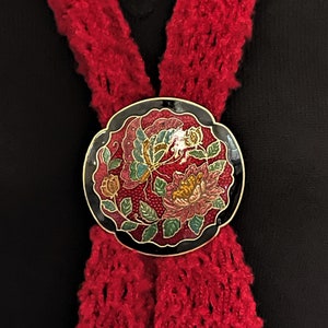 Vintage Scarf Slide Large Scalloped Border Cloisonne Look Enamel Butterfly and Flower Scarf Slide