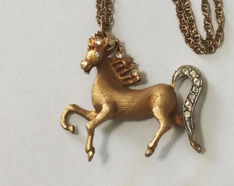 Vintage Gold Tone Prancing Horse Pendant Necklace Rhinestone Mane and Tail Different and Beautiful Design